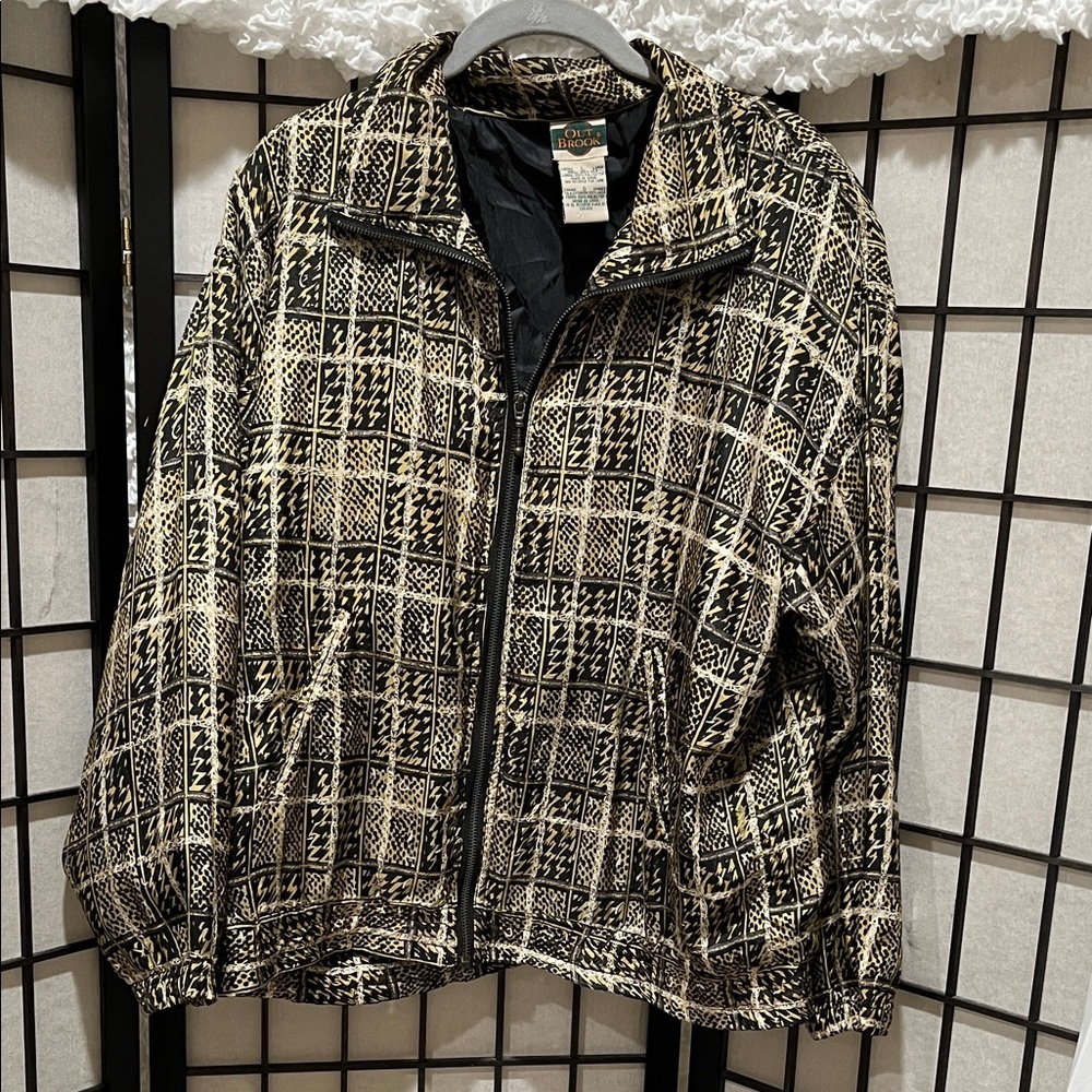 OUT BROOK VINTAGE, Black and Cream ANIMAL Print SILK TRACK JACKET SIZE L